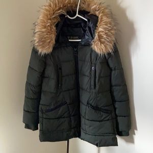 Guess Green Quilted Coat With Attachable Fur Hood